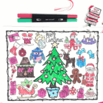 Partially colored Christmas advent calendar coloring page with holiday icons like a tree, gifts, reindeer, and Santa.