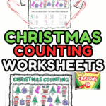 Christmas counting worksheet printable with colorful illustrations of holiday items including Santa, stockings, ornaments, and trees, designed for kids to count and color.