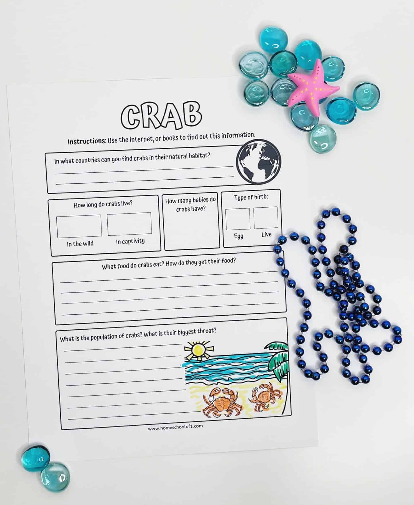 Crab research worksheet for kids with questions about crab habitat, lifespan, diet, reproduction, and threats, featuring fill-in-the-blank sections and a beach illustration with two crabs under a sunny sky.