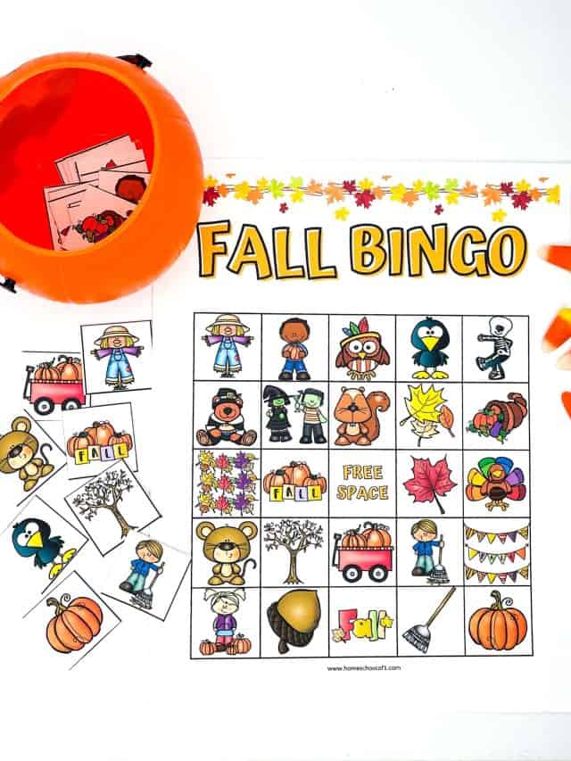 A festive "Fall Bingo" game is displayed with a colorful card featuring autumn-themed illustrations like pumpkins, scarecrows, turkeys, owls, falling leaves, trees, and a “Free Space.” An orange pumpkin bucket holds bingo tiles, and some matching cards are laid out nearby. Candy corn is scattered on the right, adding a sweet seasonal touch.







