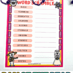 Free Day of the Dead word scramble printable for kids featuring colorful sugar skulls and skeleton illustrations. The worksheet includes 12 themed scrambled words like marigold, skeleton, and ancestors for students to solve while learning about Día de los Muertos.