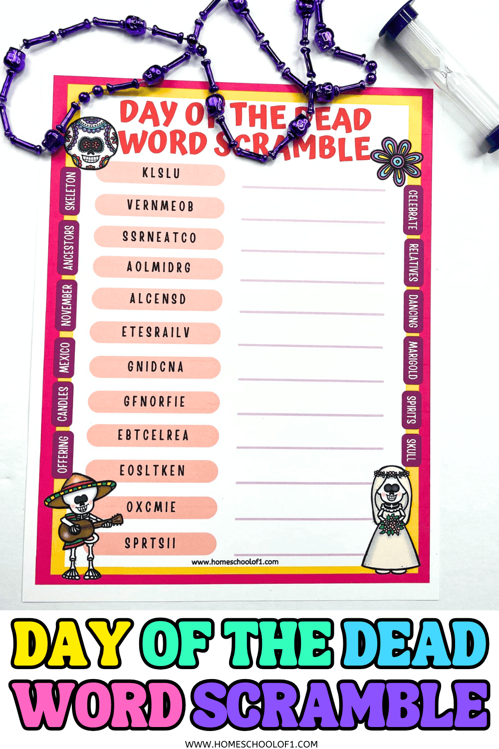 Free Day of the Dead word scramble printable for kids featuring colorful sugar skulls and skeleton illustrations. The worksheet includes 12 themed scrambled words like marigold, skeleton, and ancestors for students to solve while learning about Día de los Muertos.