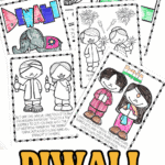 Collection of Diwali color pages showing festive scenes with diya lamps, elephants, fireworks, Rama, and Sita.