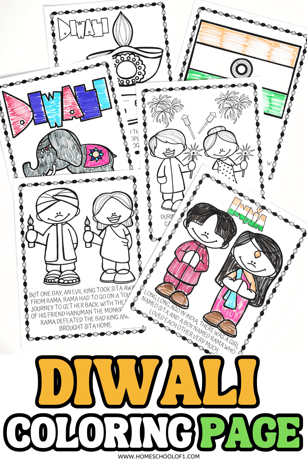 Collection of Diwali color pages showing festive scenes with diya lamps, elephants, fireworks, Rama, and Sita.