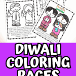 Diwali coloring page set showing the story of Rama and Sita, diya lamps, fireworks, elephants, and the Indian flag.