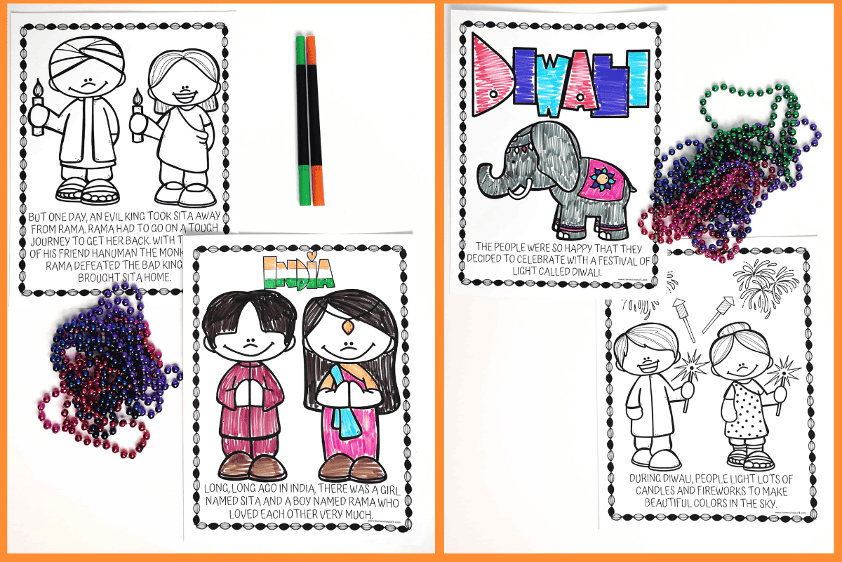Printed Diwali coloring pages featuring Lord Rama, Sita, fireworks, an elephant, and the Indian flag, with colorful markers and beads for decoration.