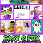 Collage of easy and fun Halloween crafts for kids including handprint witch, mummy, Frankenstein toilet paper roll, popsicle stick pumpkins, painted rocks, mason jar monsters, and a smiling ghost paper craft.