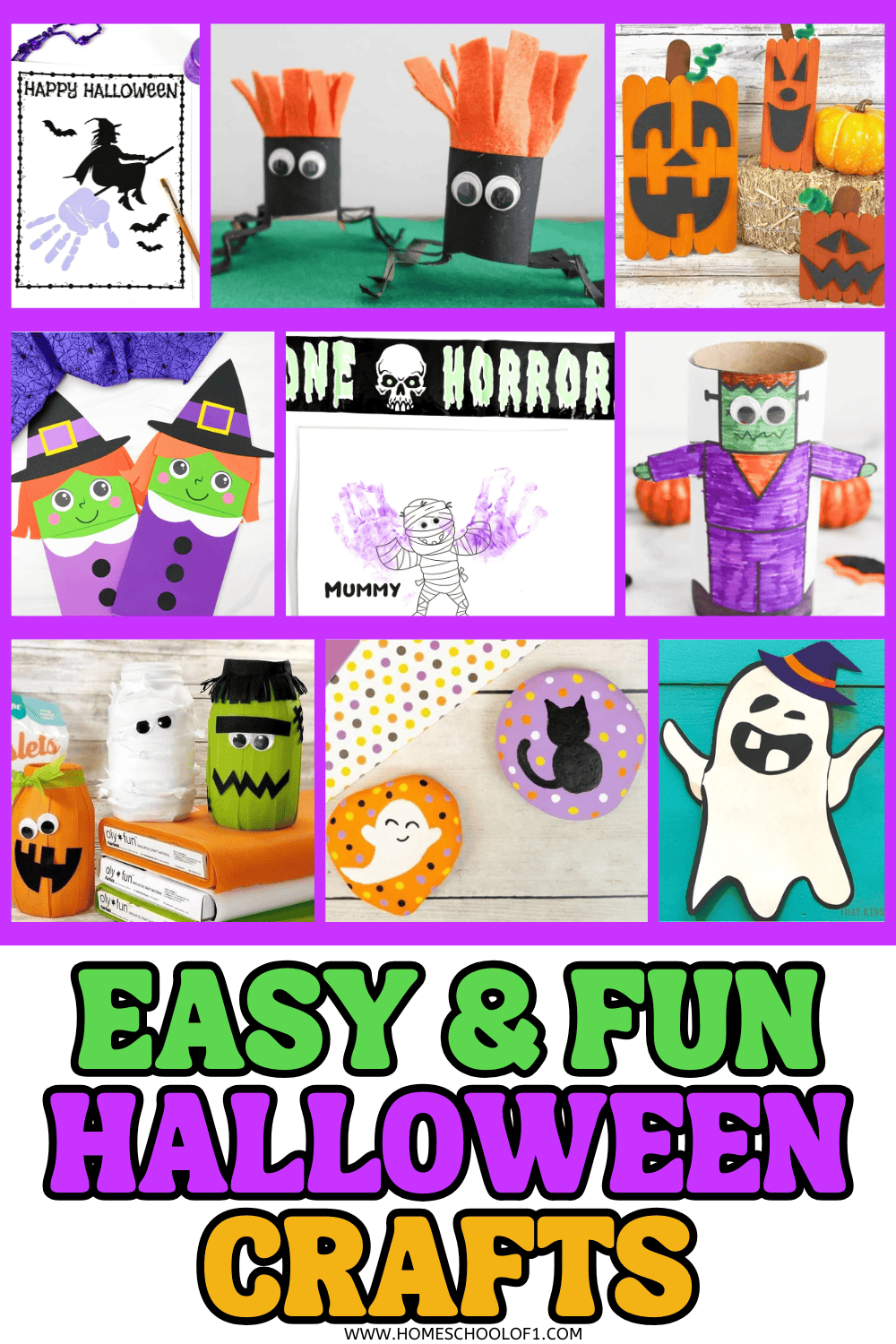 Collage of easy and fun Halloween crafts for kids including handprint witch, mummy, Frankenstein toilet paper roll, popsicle stick pumpkins, painted rocks, mason jar monsters, and a smiling ghost paper craft.