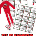 Elf doll with free printable Elf on the Shelf notes featuring Christmas activities for kids.
