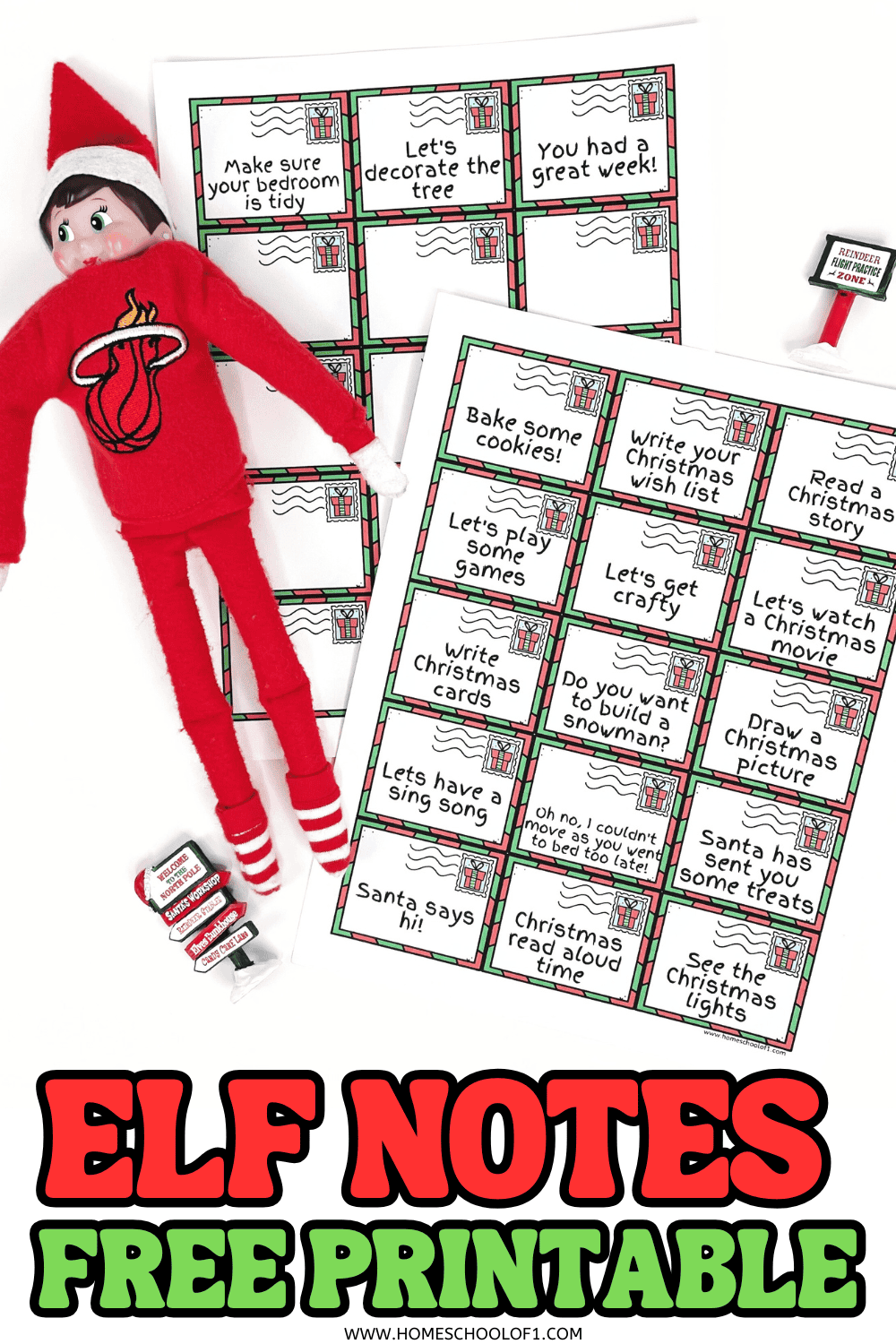 Elf doll with free printable Elf on the Shelf notes featuring Christmas activities for kids.

