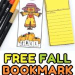 DIY printable fall bookmark activity for kids, includes coloring pages and book review template, shown with scissors and glue.