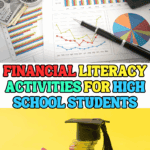 Financial literacy activities for high school students image showing charts, cash, calculator, and coins stacked with a graduation cap to represent money management and education.