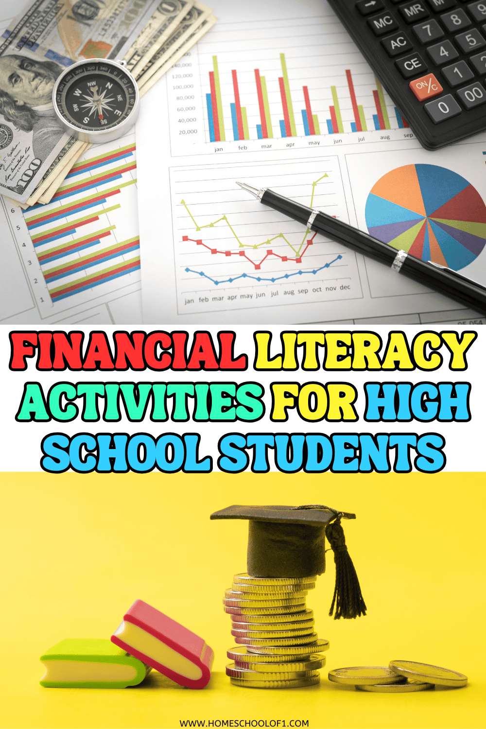 Financial literacy activities for high school students image showing charts, cash, calculator, and coins stacked with a graduation cap to represent money management and education.

