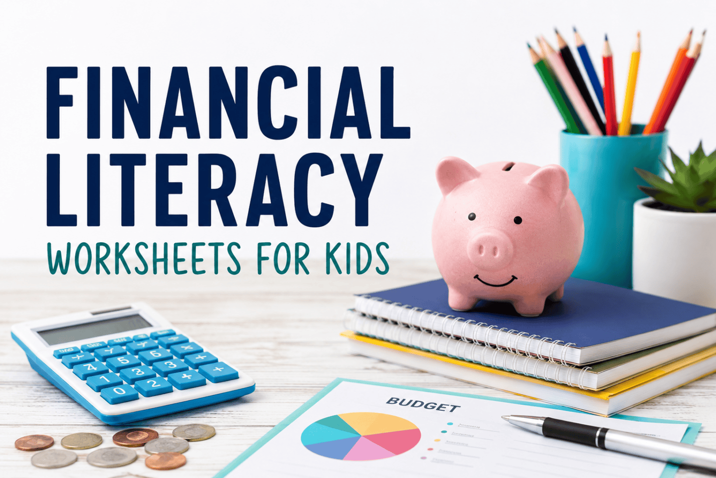 Free financial literacy worksheets for kids featuring budgeting pages, calculator, coins, and piggy bank