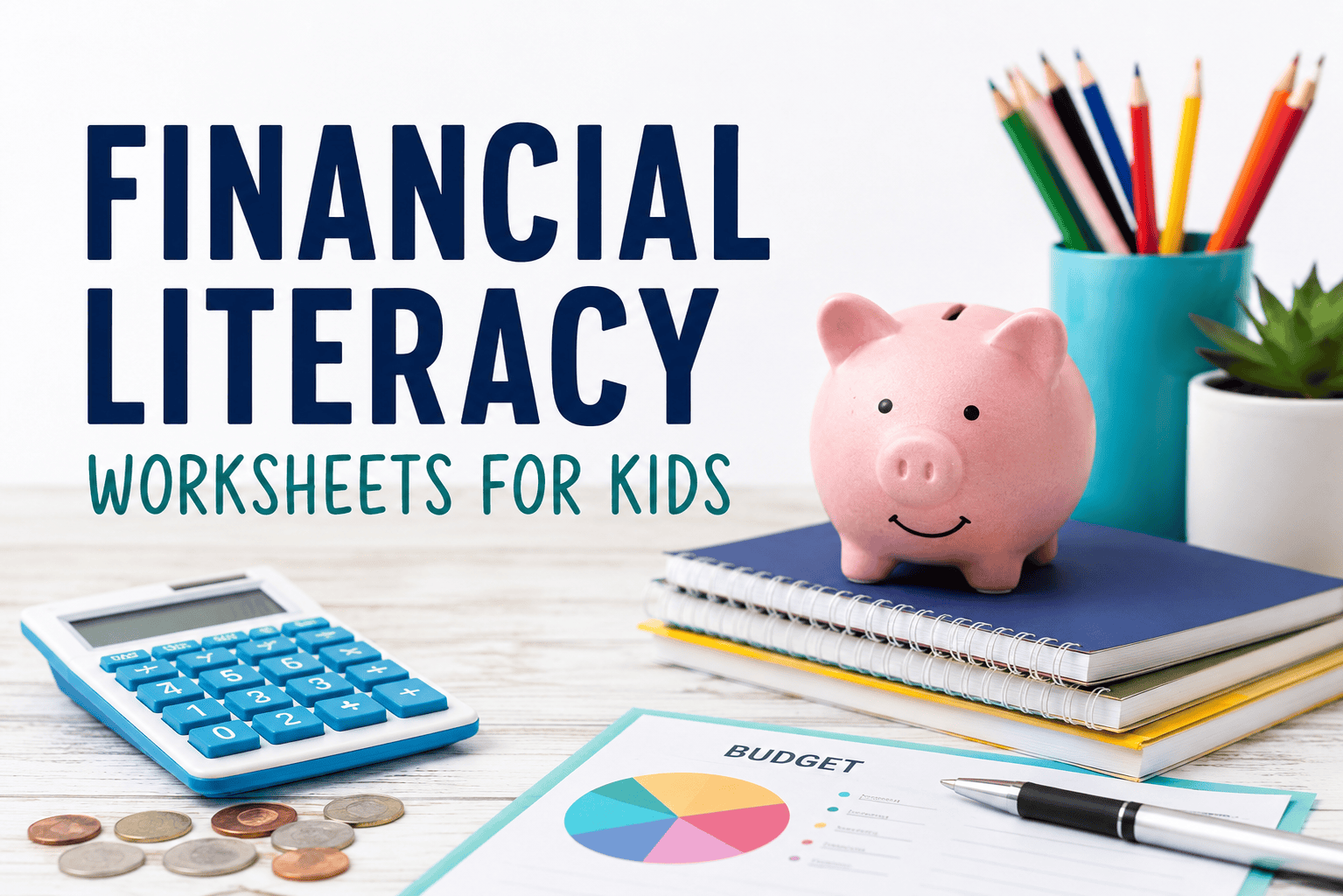 Free financial literacy worksheets for kids featuring budgeting pages, calculator, coins, and piggy bank