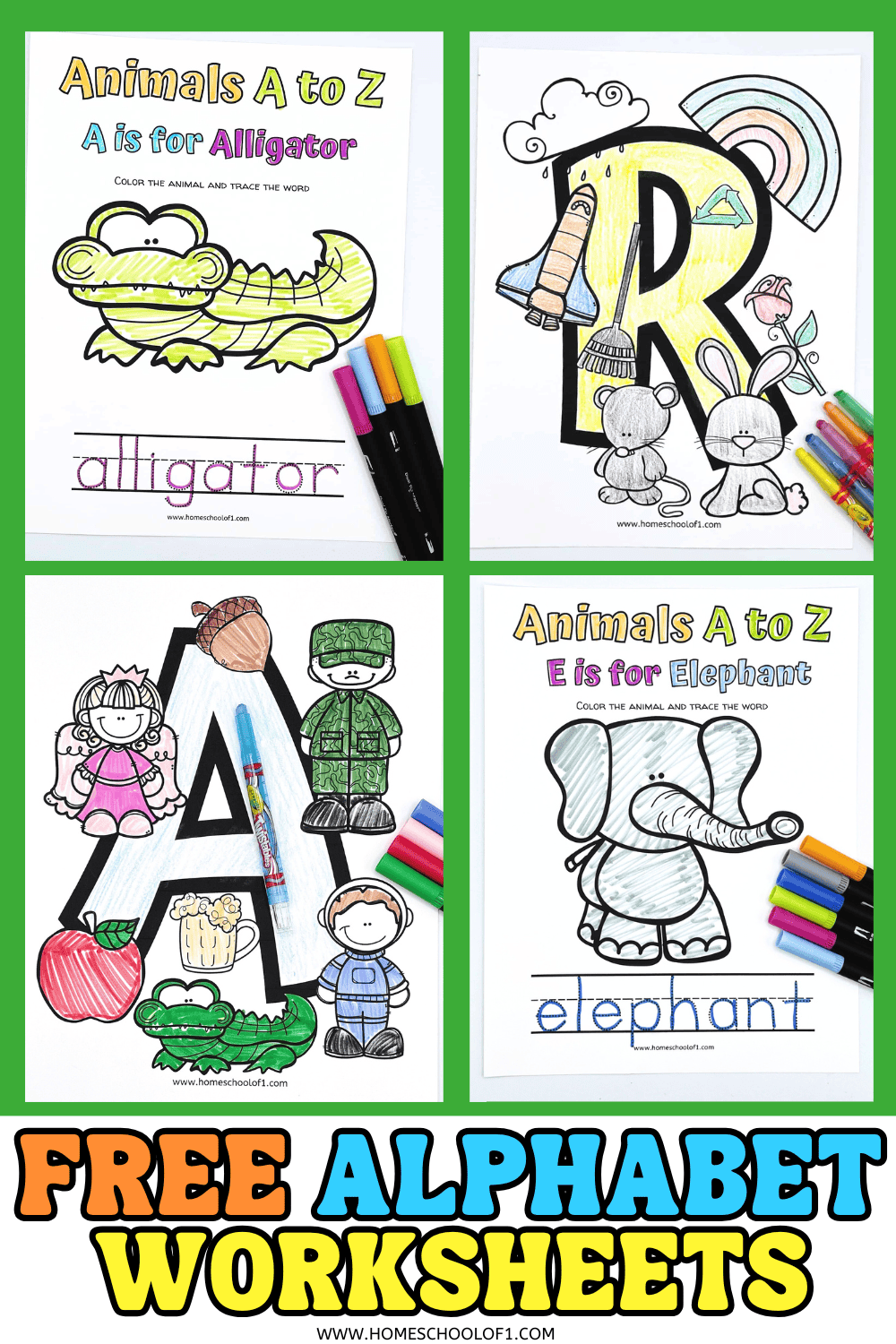 Animals A to Z and themed alphabet printables designed to help preschoolers recognize letters and improve fine motor skills.