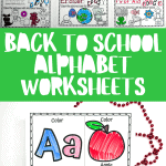 BACK TO SCHOOL ALPHABET WORKSHEETS with the title in large green letters. Several alphabet worksheets are visible in the background, with one in the foreground showing letter A activities and colored images, complemented by green and red beads on the sides, emphasizing the learning theme.