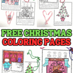 Personalized free Christmas coloring pages featuring Santa, a decorated tree, fireplace, and bedtime scenes for kids.