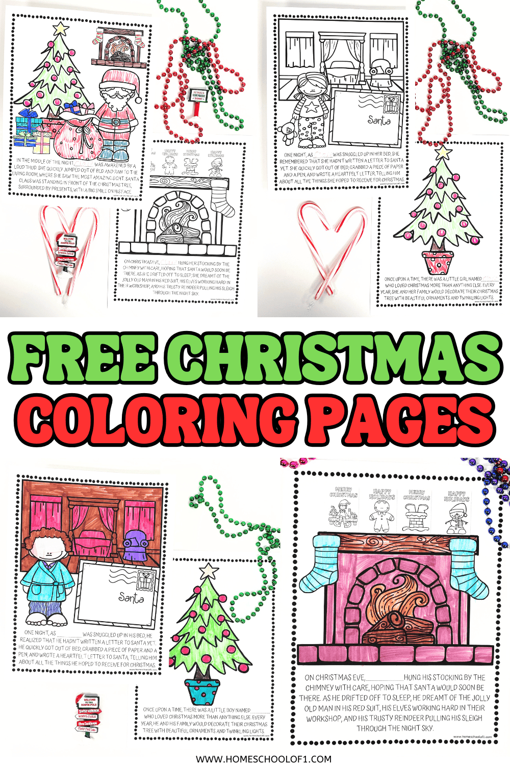 Personalized free Christmas coloring pages featuring Santa, a decorated tree, fireplace, and bedtime scenes for kids.

