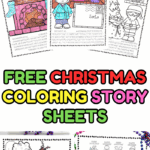Free Christmas coloring story sheets featuring Santa, reindeer on rooftops, holiday trees, and bedtime scenes for kids.