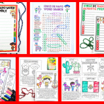 collage of free Cinco de Mayo printables for kids, including a word scramble, word search, acrostic poem template, coloring bookmarks, and educational pages on Mexican culture. Pages feature festive illustrations of sombreros, piñatas, tacos, mariachi musicians, and the Mexican flag. Crayons, markers, and beaded necklaces add a fun and creative touch around the worksheets.