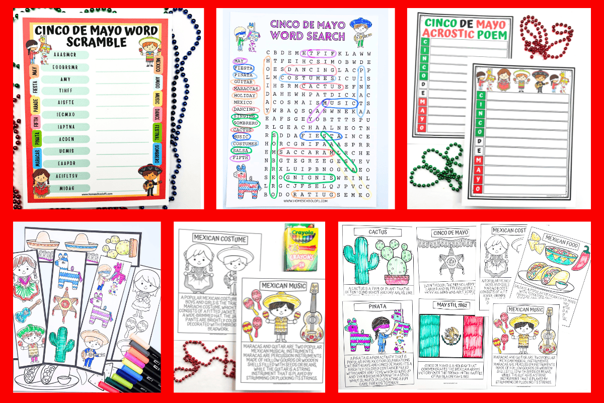 collage of free Cinco de Mayo printables for kids, including a word scramble, word search, acrostic poem template, coloring bookmarks, and educational pages on Mexican culture. Pages feature festive illustrations of sombreros, piñatas, tacos, mariachi musicians, and the Mexican flag. Crayons, markers, and beaded necklaces add a fun and creative touch around the worksheets.