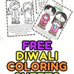 Colorful Diwali coloring sheets with diya lamps, elephants, Lord Rama and Sita, fireworks, and the Indian flag.