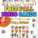 Printable fall bingo cards for kids featuring autumn-themed icons like pumpkins, scarecrows, and leaves
