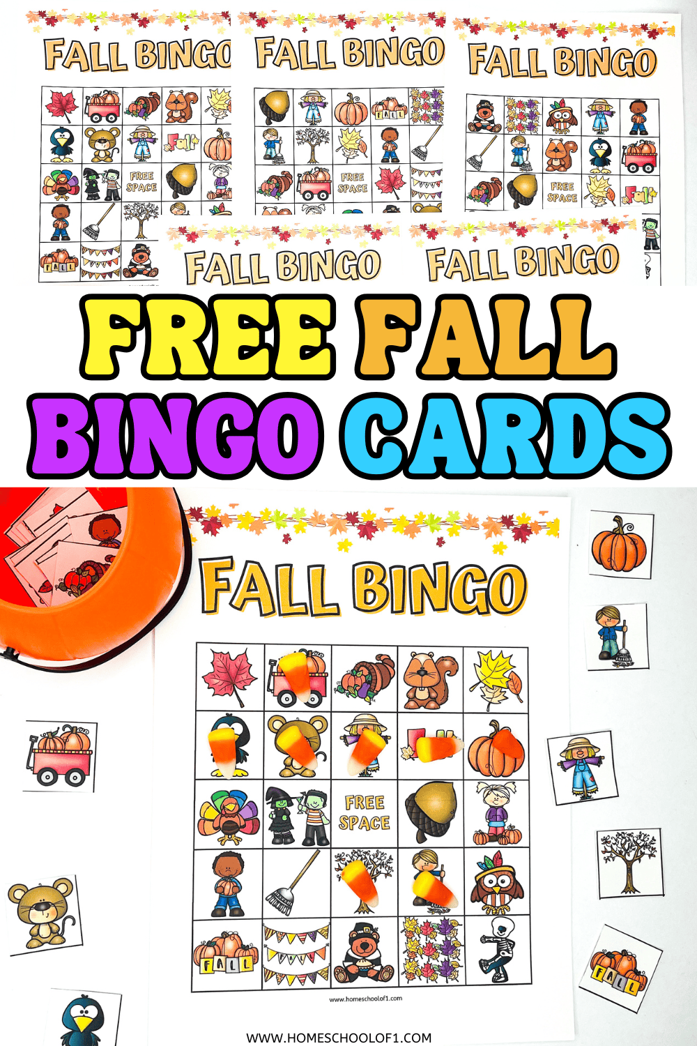 Printable fall bingo cards for kids featuring autumn-themed icons like pumpkins, scarecrows, and leaves