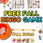 Free fall bingo game with colorful bingo boards, calling cards, and candy corn markers for kids