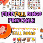 Fall bingo printable set with fun autumn images including trees, owls, pumpkins, and scarecrows for classroom or home