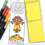 Printable fall bookmark with pumpkin maze and scarecrow design, includes space for kids to review books after reading.