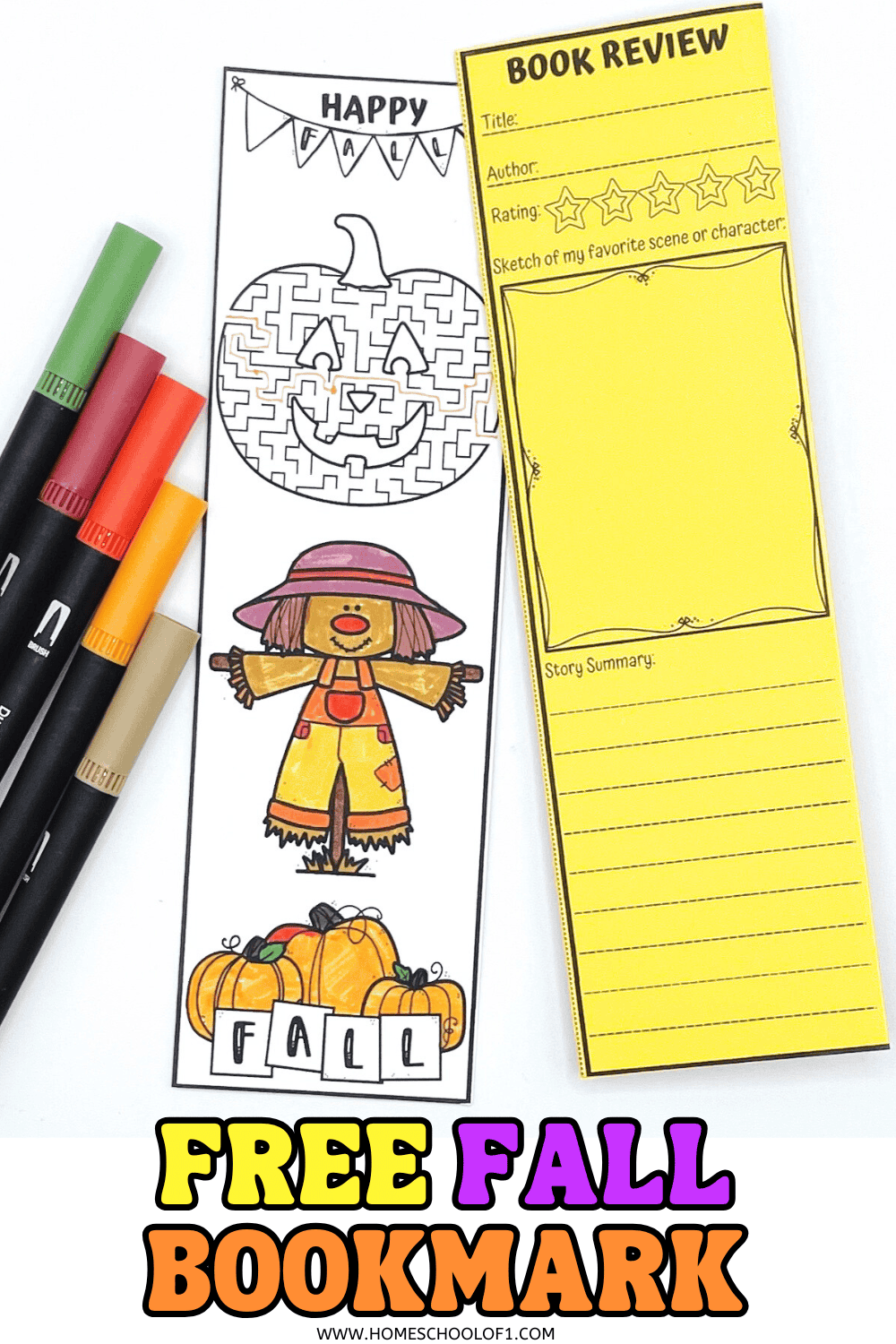 Printable fall bookmark with pumpkin maze and scarecrow design, includes space for kids to review books after reading.