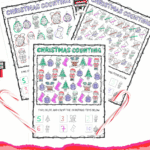 Set of three colorful Christmas counting worksheets for kids featuring holiday icons to color and count, designed for preschool and kindergarten early math practice.