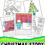 Free printable Christmas story coloring pages with scenes of Santa, Christmas trees, fireplaces, and bedtime stories.