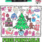 Fully colored advent calendar coloring page showing 25 festive icons, including Santa, penguins, gifts, and ornaments.