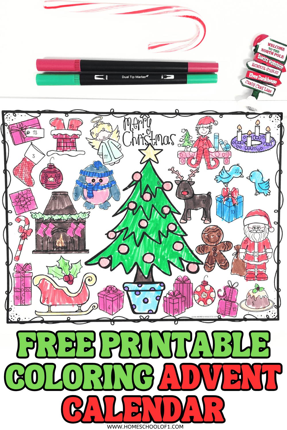 Fully colored advent calendar coloring page showing 25 festive icons, including Santa, penguins, gifts, and ornaments.

