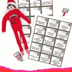 Printable Elf on the Shelf note cards with holiday prompts and elf doll dressed in red.