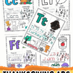 Set of free printable Thanksgiving alphabet worksheets with traceable letters, seasonal words, and coloring sections for kids.