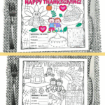 Free printable Thanksgiving placemat with coloring, tic-tac-toe, mazes, sudoku, and word scramble activities for kids at the dinner table.