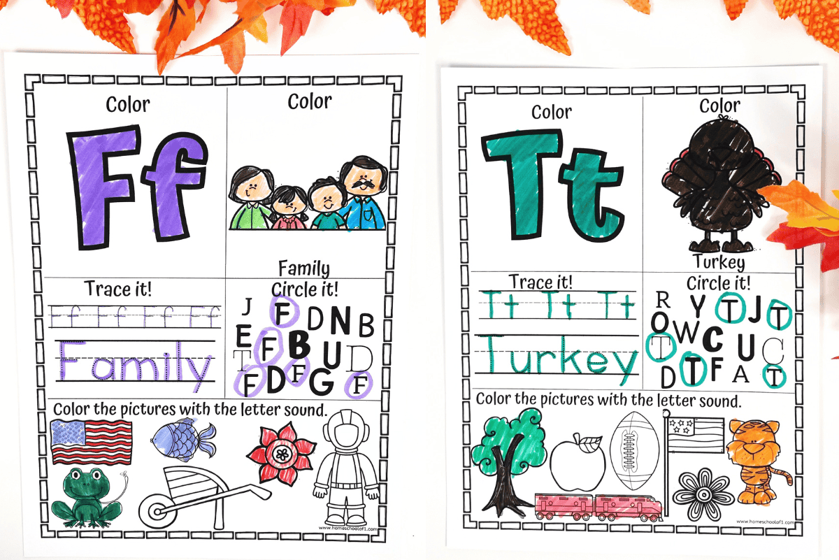 Free Thanksgiving alphabet printables featuring letter F for family and letter T for turkey, with tracing, coloring, and phonics activities for preschoolers.