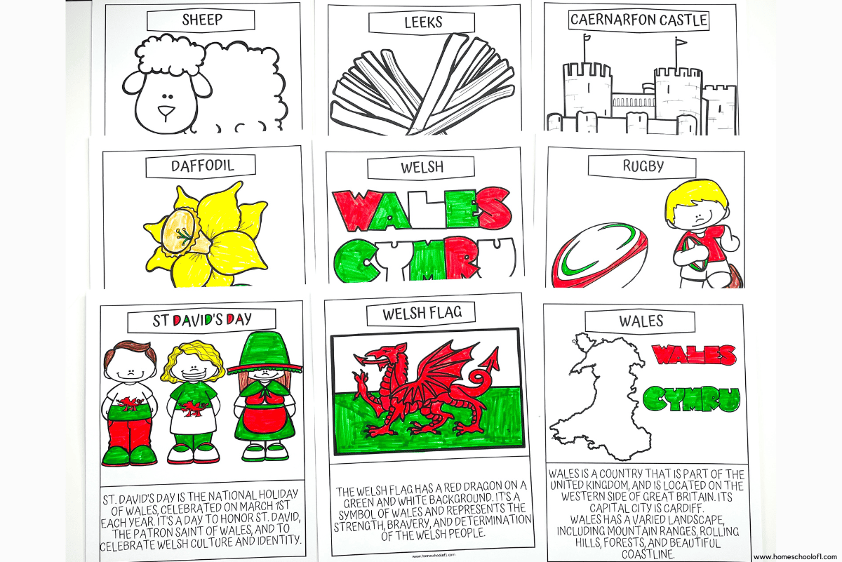 A grid of nine printable Welsh-themed coloring pages, mostly colored in red, green, and yellow. Pages include cartoon-style images labeled “Sheep,” “Leeks,” “Caernarfon Castle,” “Daffodil,” “Welsh,” “Rugby,” “St David’s Day,” “Welsh Flag,” and “Wales.” Several include short educational texts about Welsh traditions, language, and symbols, like the red dragon on the national flag and the significance of St. David’s Day.