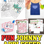 Printable Johnny Appleseed worksheets, puppet craft, word search, counting book, and cutting pages for preschool activities.