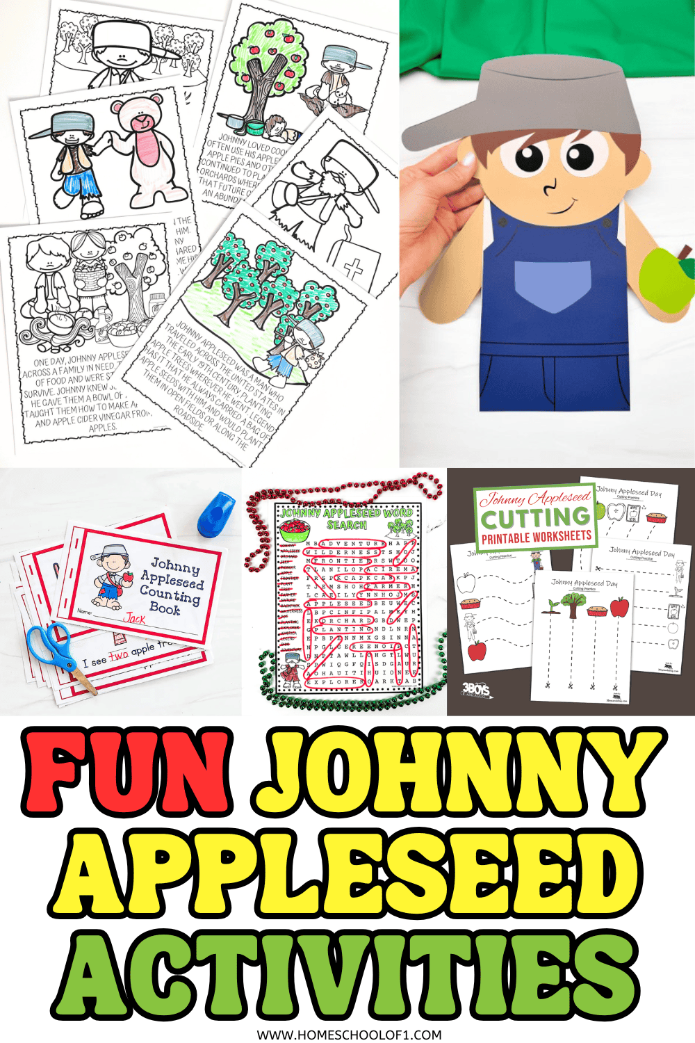 Printable Johnny Appleseed worksheets, puppet craft, word search, counting book, and cutting pages for preschool activities.


