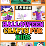 Collage of Halloween crafts for kids including handprint witch, mummy handprint art, Frankenstein toilet paper roll, popsicle stick pumpkins, mason jar monsters, painted Halloween rocks, and a ghost paper craft with bold text “Halloween Crafts for Kids.”