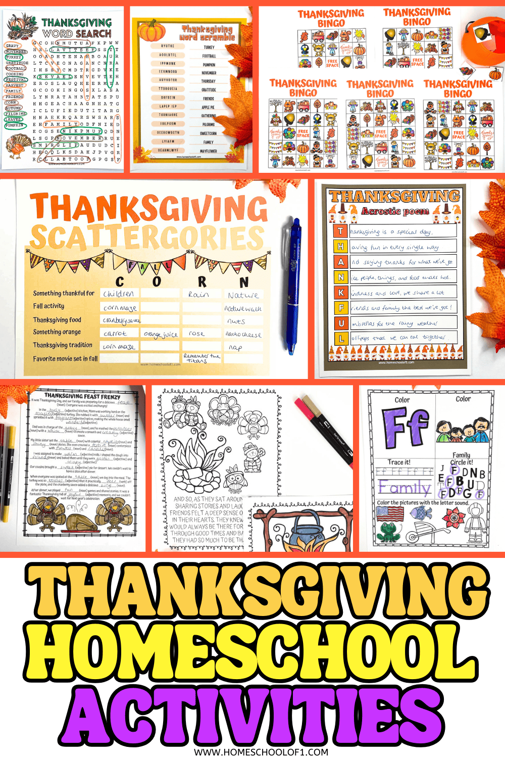 Thanksgiving homeschool activities including word games, bingo, scattergories, acrostic poems, coloring pages, and worksheets for kids.