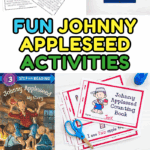 Coloring pages, puppet craft, early reader book, counting book, word search, and cutting worksheets for Johnny Appleseed Day.
