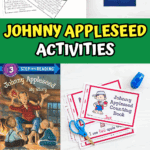 Printable Johnny Appleseed story pages, puppet craft, counting book, early reader, word search, and preschool cutting practice.