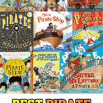 Selection of fun pirate-themed children’s books like Pirate Chicken, Shiver Me Letters, There Was an Old Pirate Who Swallowed a Map, and Pirate Stew, with the heading 'Best Pirate Books for Kids'