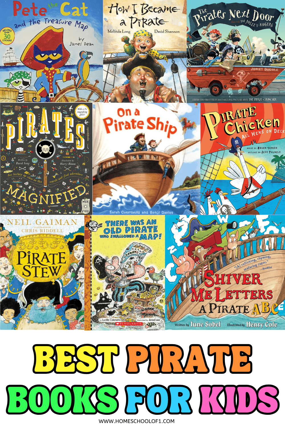 Selection of fun pirate-themed children’s books like Pirate Chicken, Shiver Me Letters, There Was an Old Pirate Who Swallowed a Map, and Pirate Stew, with the heading 'Best Pirate Books for Kids'